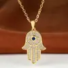 Colar Mão de Fátima Olho Grego Totalmente Cravejado de Diamantes, Pingente Olho de Palma Dourado, Corrente de Clavícula Estilo Exótico