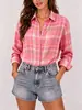 Camisa xadrez solta e casual feminina transfronteiriça europeia e americana, de manga comprida, comprimento médio, multicolorida, com gola de lapela, para usar como peça externa