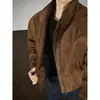 Chaqueta de cuero retro americana con cuello alto, adecuada para primavera y otoño, en color liso con un look sofisticado, corte holgado, estilo casual y versátil para varios atuendos, para hombre