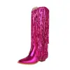 40--48 Tamanho Grande Botas Comércio Exterior Transfronteiriço Botas com Franjas Europeias e Americanas Bico Fino Salto Grosso Cano Alto Botas Longas Femininas Botas Western Dropshipping