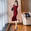 Conjunto de vestido rojo para mujer, elegante y ajustado, conjunto de dos piezas de punto con falda para invierno