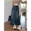 Falda de Mezclilla Azul Dividida Vintage para Mujer Primavera Falda de Alta Gama Aspecto Delgado Falda de Cintura Alta Falda de Longitud Media de Corte A