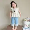 Conjunto de Verão para Meninas 2026 Nova Moda Infantil Estiloso Bebê Jeans Fino Respirável Conjunto de Duas Peças de Verão