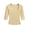 2566-Camiseta de Moda Cuadrada de Manga Media Estilo Europeo y Americano para Mujer 2025 Nuevo Top Básico Sexy Ajustado
