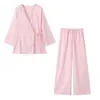 Amazon Transfronterizo Nuevo Lino Estilo Europeo y Americano Otoño Color Sólido Top Sencillo y Pantalones de Pierna Ancha Conjunto de Dos Piezas