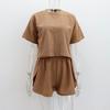 Conjunto Casual Waffled Europeu e Americano de Verão Feminino Camiseta Curta Gola Careca Manga Curta Top Shorts Conjunto Sexy de Duas Peças para Mulheres
