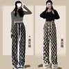 Calça xadrez preto e branco de perna larga para mulheres, tendência verão e outono, cintura alta, fluida, casual de perna reta, calça xadrez solta de seda gelada