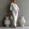 2026 Moda Nova Europeia e Americana Transfronteiriça Primavera e Verão Vestido Longo de Manga Longa Ombro a Ombro Feminino de Alta Qualidade Vestido Pulôver de Cintura Média