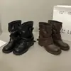 Botines de mujer 2026, estilo retro, con cinturón, diseño apilado, otoño, hebilla, tacón grueso, punta cuadrada, negro, nuevas botas de motociclista