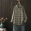 Camisa a cuadros retro para mujer, de manga larga, corte holgado, con cuello de solapa, versátil camisa de algodón, prenda exterior para primavera y otoño, top de estilo casual