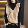 Colete sem mangas de tricô com gola V cruzada retrô, cor sólida, com botão, folgado, casual, para o trabalho, totalmente em lã, colete de tricô em camadas para mulheres