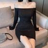 Vestido de Falda Irregular Larga con Manga Larga Incrustado de Diamantes Ajustado para Mujer Otoño Temprano Nuevo Falda Negra