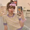 888# Camiseta de manga corta para mujer, verano, estilo ins, celebridad de internet, nueva 2025, top corto ajustado, camisa de punto a rayas retro