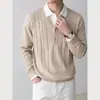 Estilo Old Money Suéter Preguiçoso Falso Duas Peças Lapela Preguiçosa Masculino Retrô Bonito Listrado Negócios Malandro Legal Tricô Cinza Claro