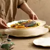 Plato de Cerámica para Pescado Hoja de Loto para Uso Doméstico, Plato Cerámico Grande para Cocinar Pescado al Vapor, Nuevo Modelo 2026, Plato Ovalado de Gama Alta
