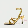 Sandálias Femininas de Salto Alto Comércio Exterior Transfronteiriço Elegantes Tiras Finas Deslumbrantes Estilo Metálico Charme Único Dourado Feito à Mão Sapatos Femininos