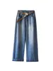 Jeans Laranja Zhi Spring Novo de Cintura Alta com Botão no Bolso Traseiro, Jeans de Perna Larga Emagrecedor Estilo Preguiçoso com Cinto 6062