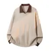 Camisa Polo de Dos Piezas Falsas con Cuello en V para Hombre Mu Qiu Ropa para Hombre de Punto Holgado de Manga Larga Capa Base Suéter 100% Algodón