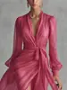 Vestido Casual Retro Estilo Palacio de Primavera 2026 para Mujer con Cuello en V, Cintura de Corbata y Mangas Abullonadas Ensambladas