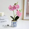 Flor Artificial 6 Flores 2 Orquídeas Phalaenopsis Realistas Bonsai Flor Falsa Planta em Vaso Decoração de Interior Vaso Verde Venda por Atacado