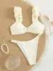 Comercio Electrónico Transfronterizo Se Especializa en Suministrar Lotes Directos de Fábrica en Stock de Bikini Sexy de Color Sólido con Abertura de Europa y América Ruffles de Nylon