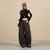 Jeans patchwork retro americano, nuevos pantalones casuales de calle sueltos de pierna ancha y corte curvo, verde militar