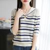 100 Lyocell Tencel Marinho Gola Listrada Manga Curta Lassel Redutora de Idade Camiseta Tricotada Feminina Nova Doce e Descolada