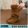 Botas altas de tacón grueso con punta y pliegues apilados para mujer, nuevo 2026 otoño e invierno, estilo western cowboy, de media pantorrilla, tipo caballero, largas