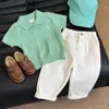 Ropa Infantil Estilo Coreano 2026 Verano Nuevo Elegante Cuello Polo Bordado Amarillo Tejido de Punto Manga Corta Casual Pantalones Rectos