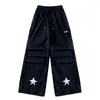 Calças Casuais Parachute Plissadas com Aplique de Estrela Estilo Americano para Meninas Unissex Verão Largas de Perna Reta Secagem Rápida Calças de Moletom Esportivas