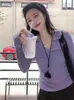 Camisa Polo Roxa Taro Francesa Gola Lapela Manga Longa Tricô Feminino Design Outono e Inverno Top Curto Slim Decote V