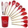 Espátula de Silicona con Mango de Madera, Cuchara para Sopa, Colador, Juego de 12 Piezas, Sartén Antiadherente, Espátula de Silicona, Juego de Utensilios de Cocina de Silicona Resistentes a Altas Temperaturas
