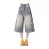 Shorts de Mezclilla con Estampado de Estrellas Desgastadas Estilo Retro Americano para Mujer, Nuevo Estilo de Verano, Corte Suelto, Súper Populares, Disponibles en Largo 3/4 y 8/10