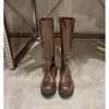 Versão em couro de vaca~2026 novas botas de cavaleiro emagrecedoras outono e inverno para mulheres, estilo britânico, couro genuíno, bico redondo, sola grossa, salto grosso, botas longas