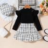 Roupas infantis para meninas outono e inverno blusa de manga comprida pequena saia de tweed estilo chanel boina conjunto de 3 peças
