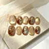 Juventud Eterna Ámbar Dorado Marrón Ojo de Gato Uñas Portátiles, Hechas a Mano con Piedras Preciosas Brillantes Estilo Corto, Pegatinas de Uñas de Alta Gama