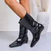 Botas de Cano Médio de Couro Envernizado Versátil com Salto Interno Estilo Retrô Outono e Inverno Bico Fino Bico Quadrado Estilo 2025 Botas Curtas para Mulheres