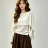 Design elegante e suave, suéter de tricô falso de duas peças para mulheres, novo estilo outono, blusa de seda e lã de manga longa na cor lisa