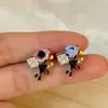 Pendientes de Flor de Esmalte Vintage, Pendientes Asimétricos de Flor Pequeña con Circonita, Pendientes de Diseño de Nicho Estilo Corte Francés