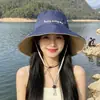 Chapéu de Pescador Verão Estilo Coreano High-End Xadrez Aba Larga Tira Proteção Solar Respirável Feminino Fino Moderno Versátil Chapéu de Sol