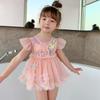 Traje de Banho para Bebê Verão 2025 Saia de Gaze Lantejoula Manga Morcego Traje de Banho Fonte Termal com Touca de Natação Moda Nova Criança