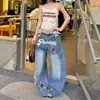 Jeans Retro Americano com Bordado de Letra Estrela e Cimitarra para Mulheres, Design High Street de Outono, Calças Wide Leg Soltas e Emagrecedoras