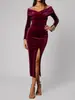 Vestido Bodycon Europeo y Americano Transfronterizo de Terciopelo Ajustado para Mujer, Estilo Nuevo con Cuello Cruzado en V, Hombros Descubiertos y Abertura Lateral Largo