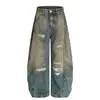 Fx081 Estilo Americano High Street Unisex Gama Alta Lavado Diseño Desestructurado Desgastado Jeans Holgados para Hombre Scimitar