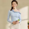 Conjunto de yoga de encaje de un hombro, conjunto de manga larga para otoño/invierno para mujer, con sujetador incorporado, estilo nuevo, sexy, elegante y deslumbrante top de fitness