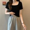 Verano Nuevo talla grande Gordita MM2025 Clavícula Ligeramente Gordita Cuello Cuadrado Manga Corta Camiseta Mujer Primavera y Otoño Interior Adelgazante Top