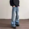 Calça jeans masculina em sarja com lavagem 'lightning crack', estilo American high street, perna reta, solta e larga, marca da moda, calça longa estilosa e levemente flare