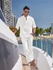 Primavera 2026 Comercio Exterior Amazon Más Vendido Conjunto de Camisa Henley Casual de Lino y Algodón de Color Sólido para Hombre + Pantalones