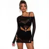 Mono Sexy Transparente de Malla Hueca con Pedrería de Manga Larga y Falda Corta Bodycon para Chica Atrevida Ajustado