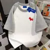 Camiseta Manga Curta 100% Algodão Estilo Coreano Cavalo e Estrela Fofos para Homens e Mulheres, Verão Solta Emagrecimento Gola Redonda Patchwork Tops de Casal